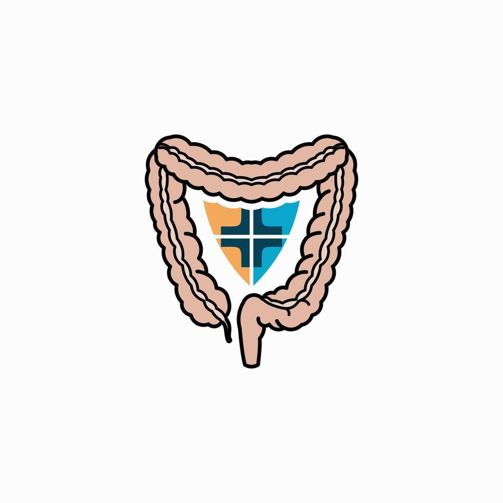illustration of human large intestine design with shield symbol. Digestive system design vector