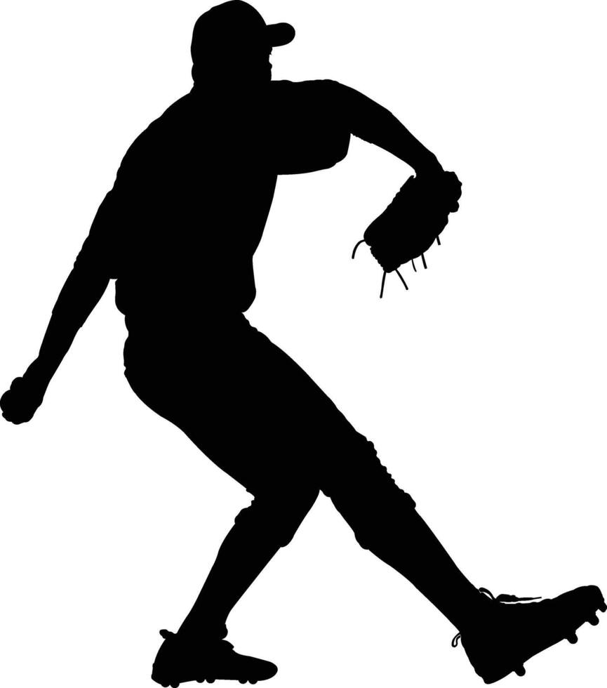 Baseball Pitcher Silhouette Throwing Ball, Pitching Baseball Player Silhouette in Motion vector