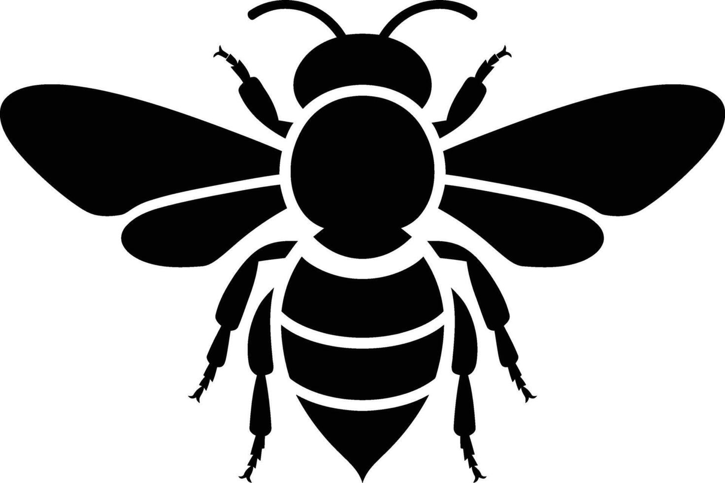 Simple black silhouette of a bee with wings and segmented body, Minimalist Black Bee Outline Design vector
