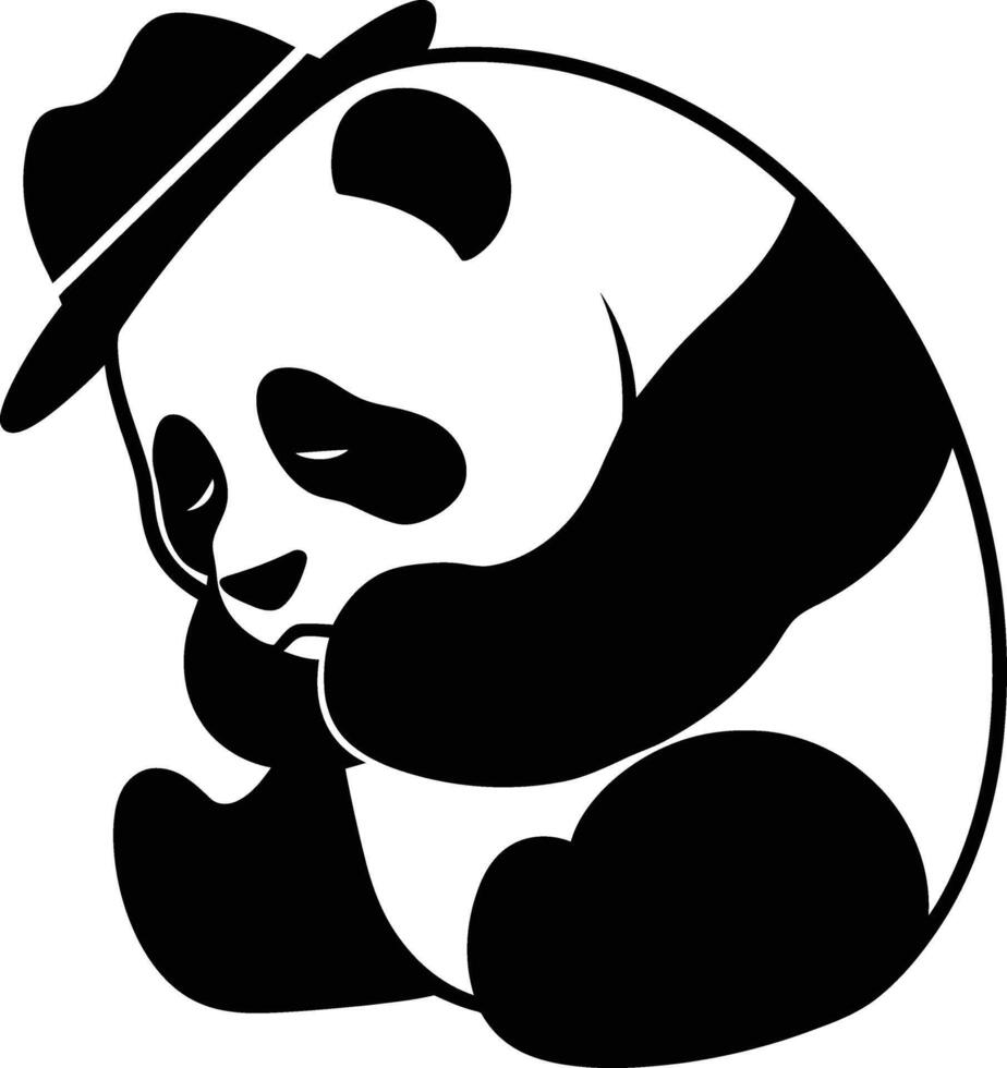 Melancholy Panda Wearing a Hat, Black and White Silhouette vector