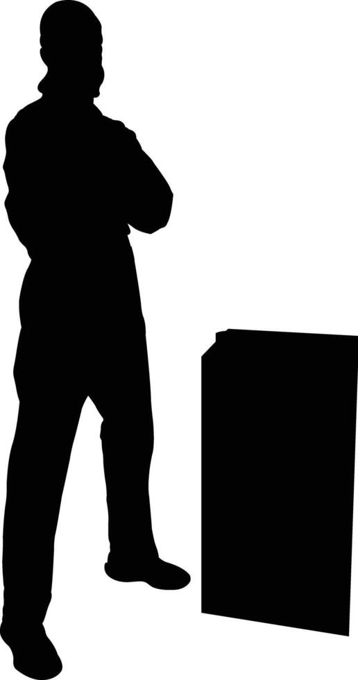Silhouette of Delivery Man Standing Beside a Box, Man Figure Standing Next to Parcel Silhouette vector