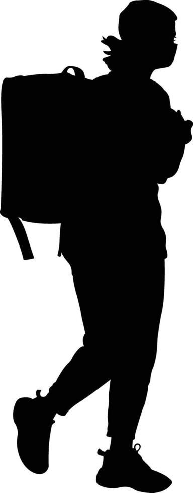Silhouette of Woman Courier Walking with Backpack, Female Delivery Worker Walking with Cargo Bag Silhouette vector