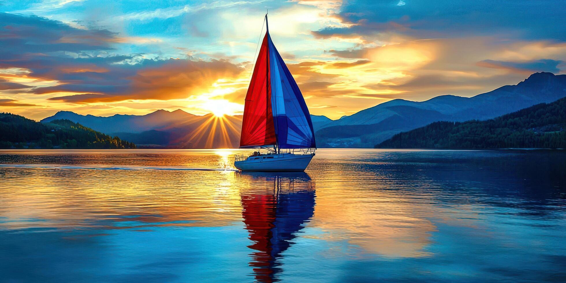 A sailboat sailing on the water at sunset photo