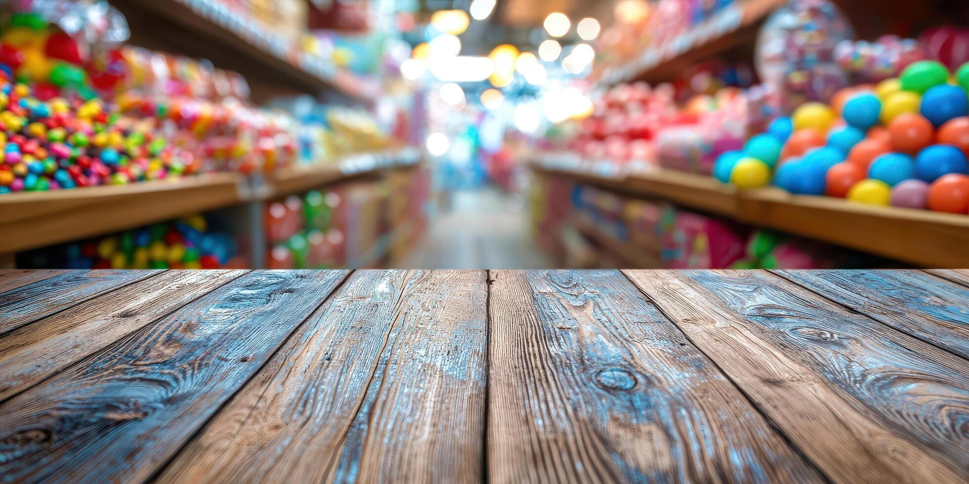 Wooden table in a candy store with colorful candies photo