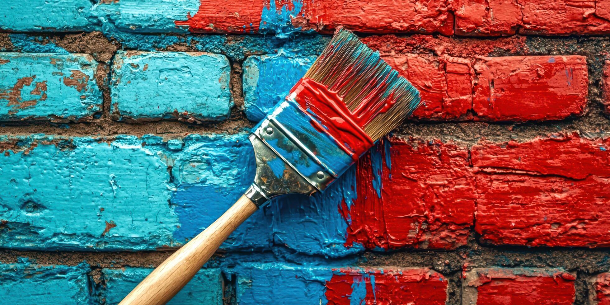 A paintbrush is on a red, blue and white brick wall photo
