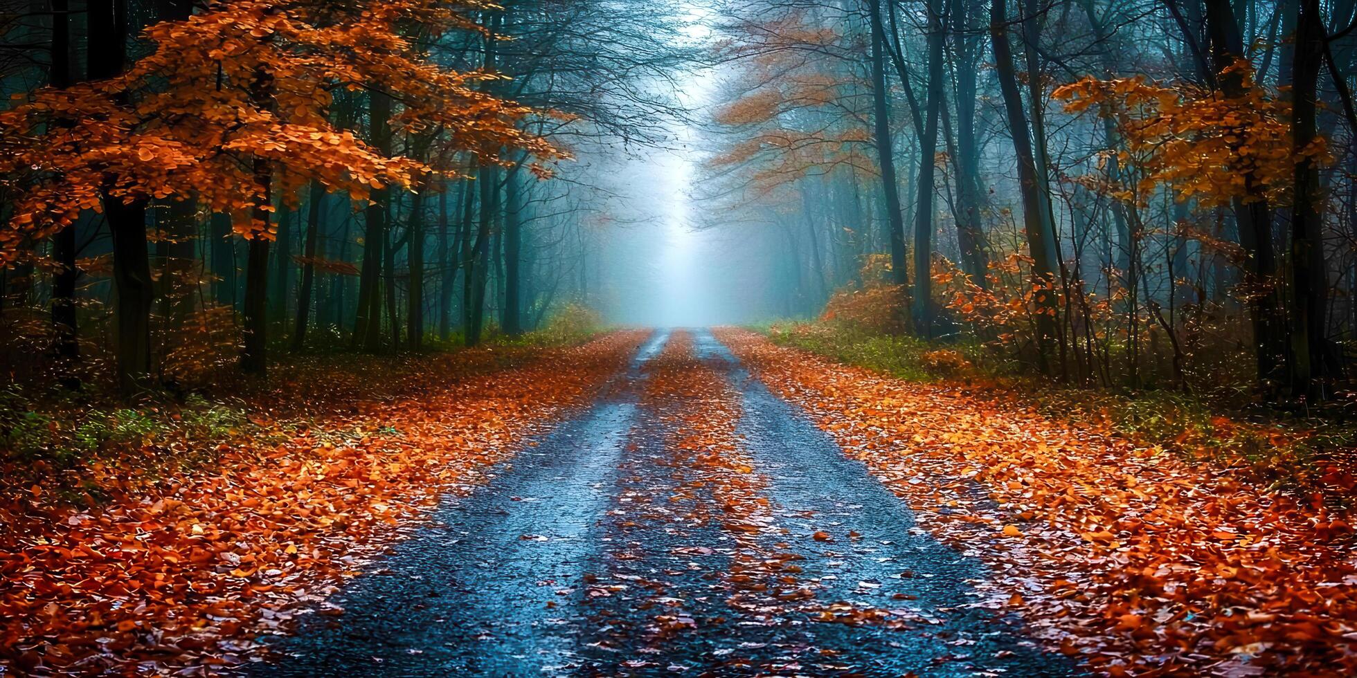 An empty road in the middle of an autumn forest photo