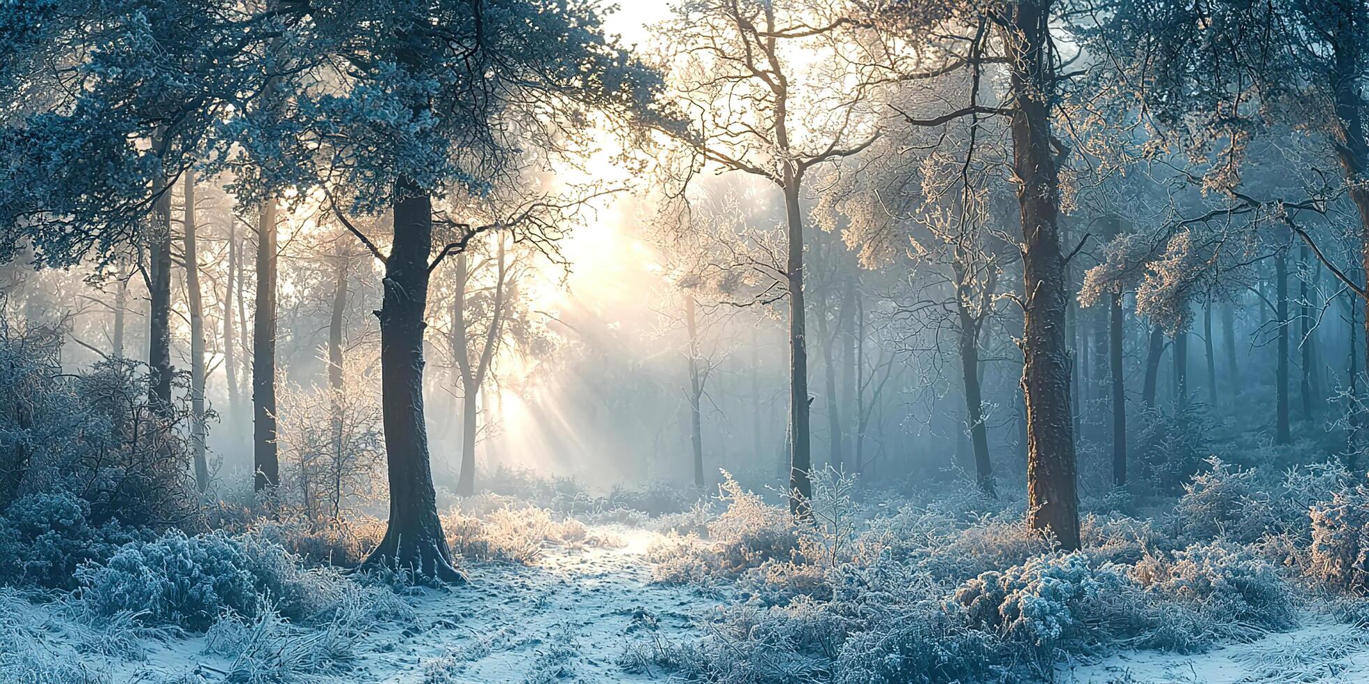 A snowy forest with trees and sun shining through photo