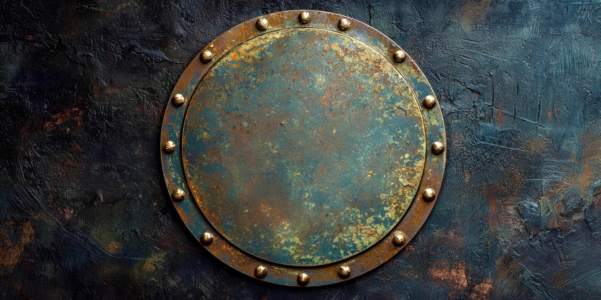 An old rusty metal shield on a wall photo