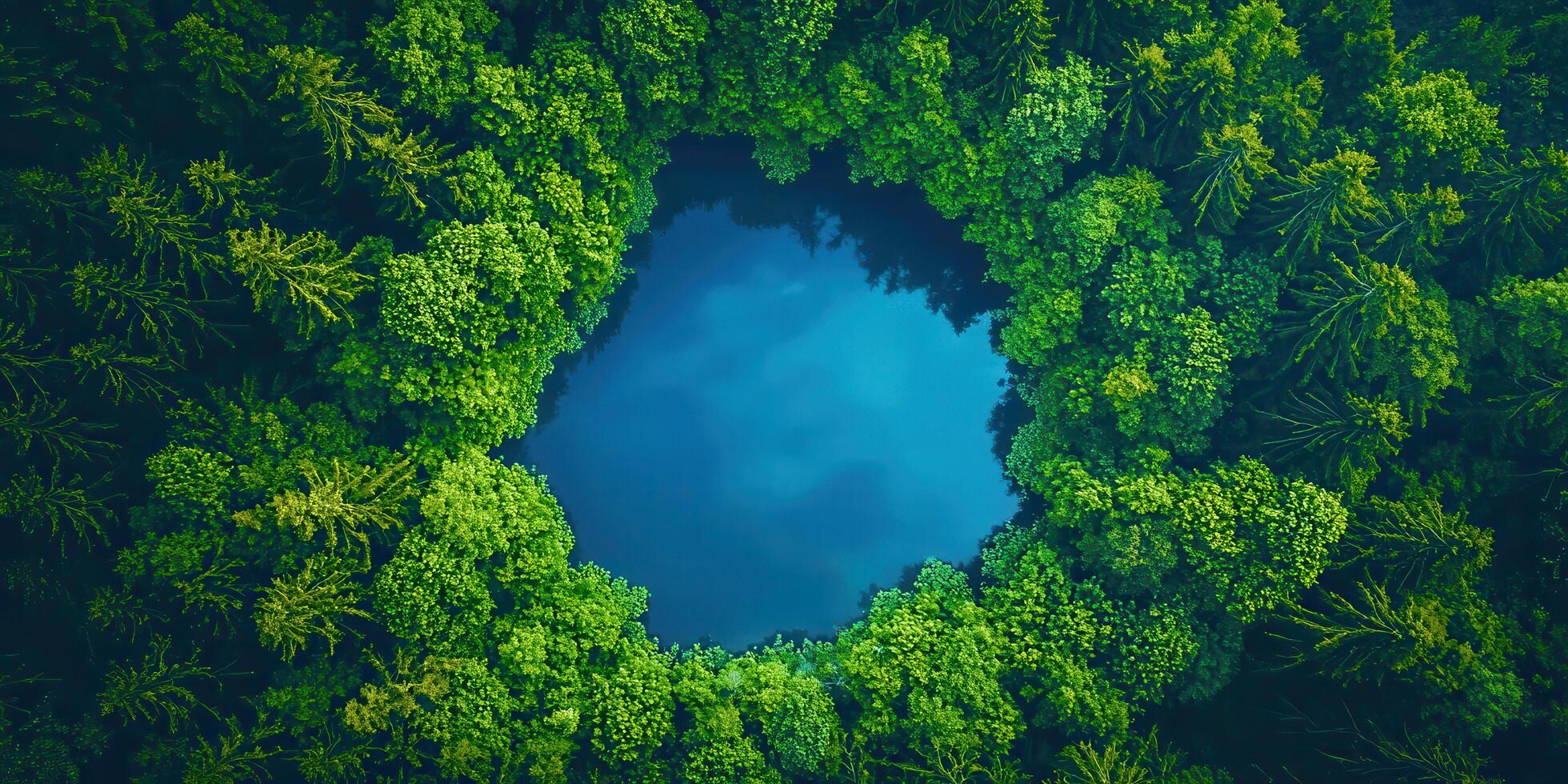 Top view of a blue lake surrounded by green trees photo