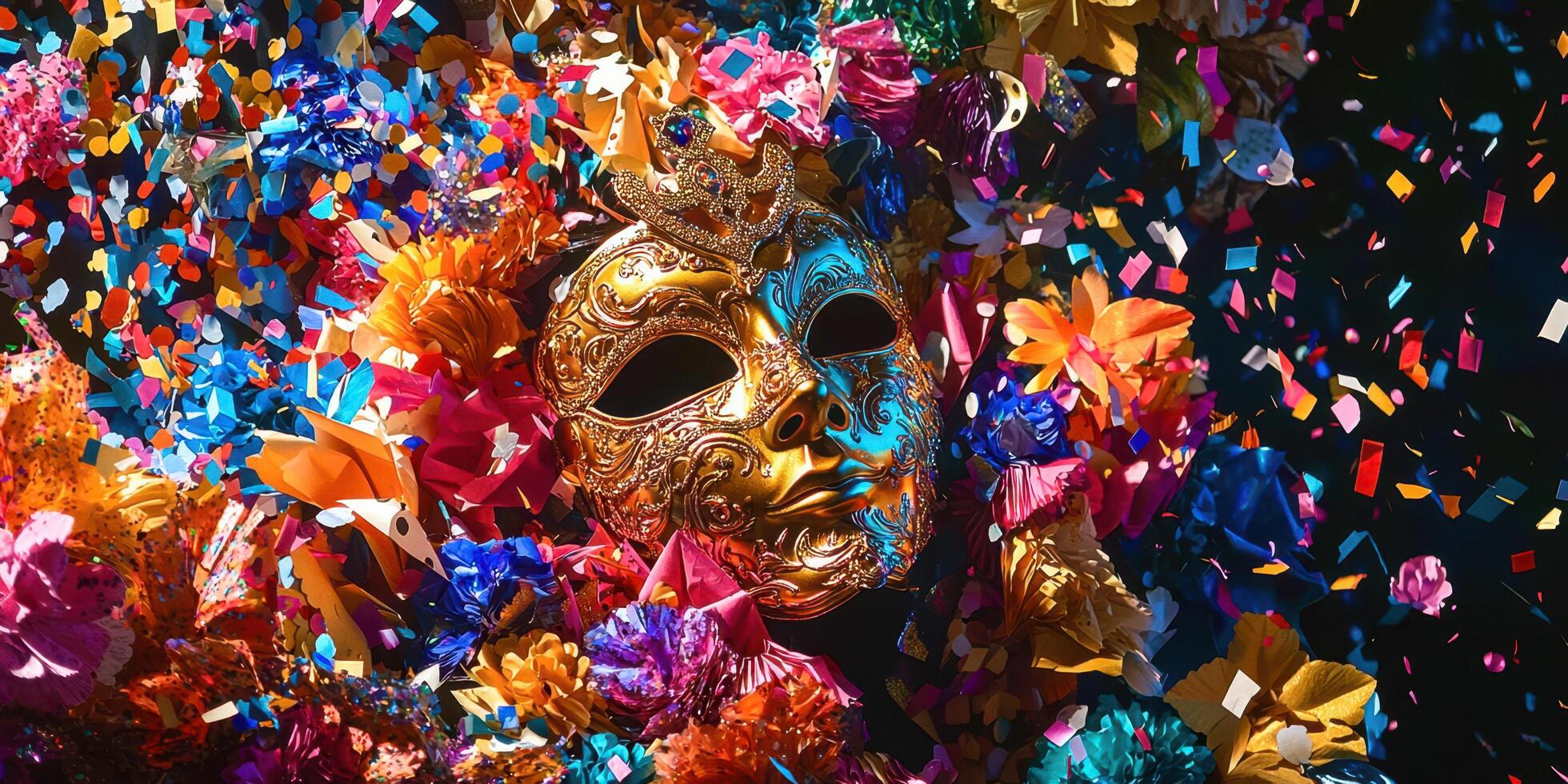 A colorful carnival mask surrounded by confetti photo