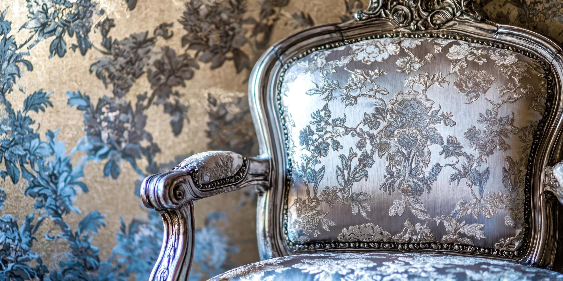 A chair with ornate fabric and a floral pattern photo