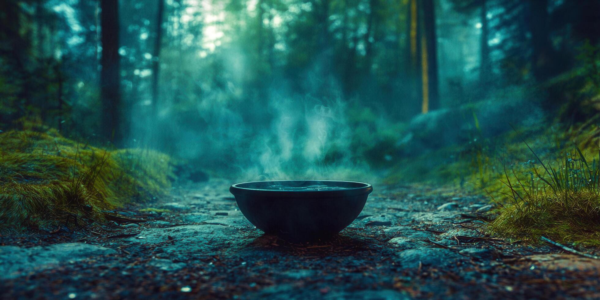 A bowl of tea is sitting on the ground in a forest photo