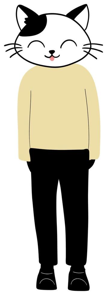 cat standing up straight, wearing a beige sweater, black pants and shoes, vector