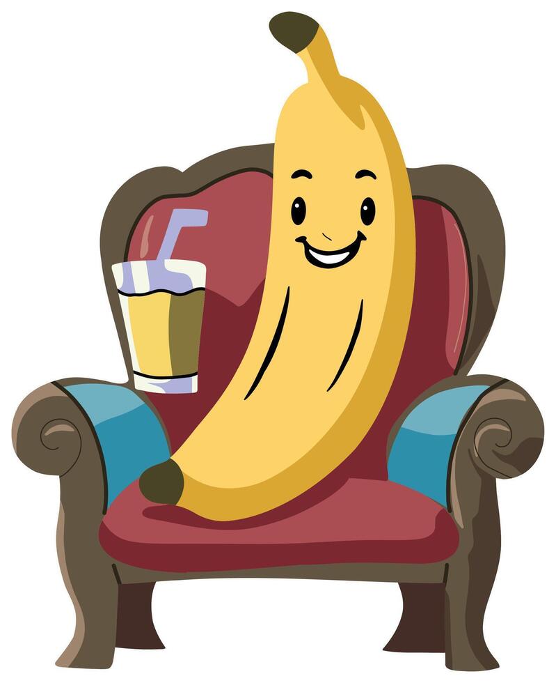 Cartoon Banana Lounging on a Chair with a Refreshing Drink vector