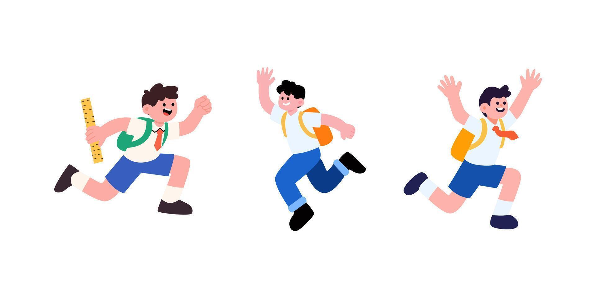 Three cartoon boys in school uniforms jumping and running vector