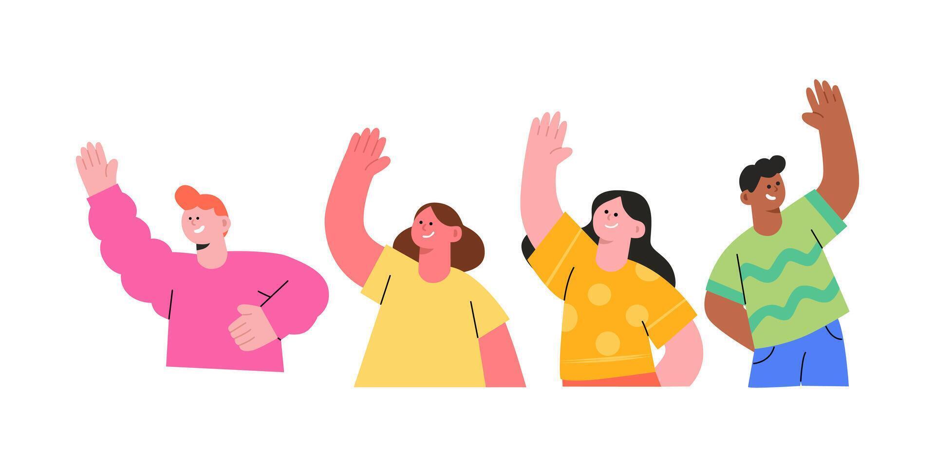 Group of people raising their hands vector