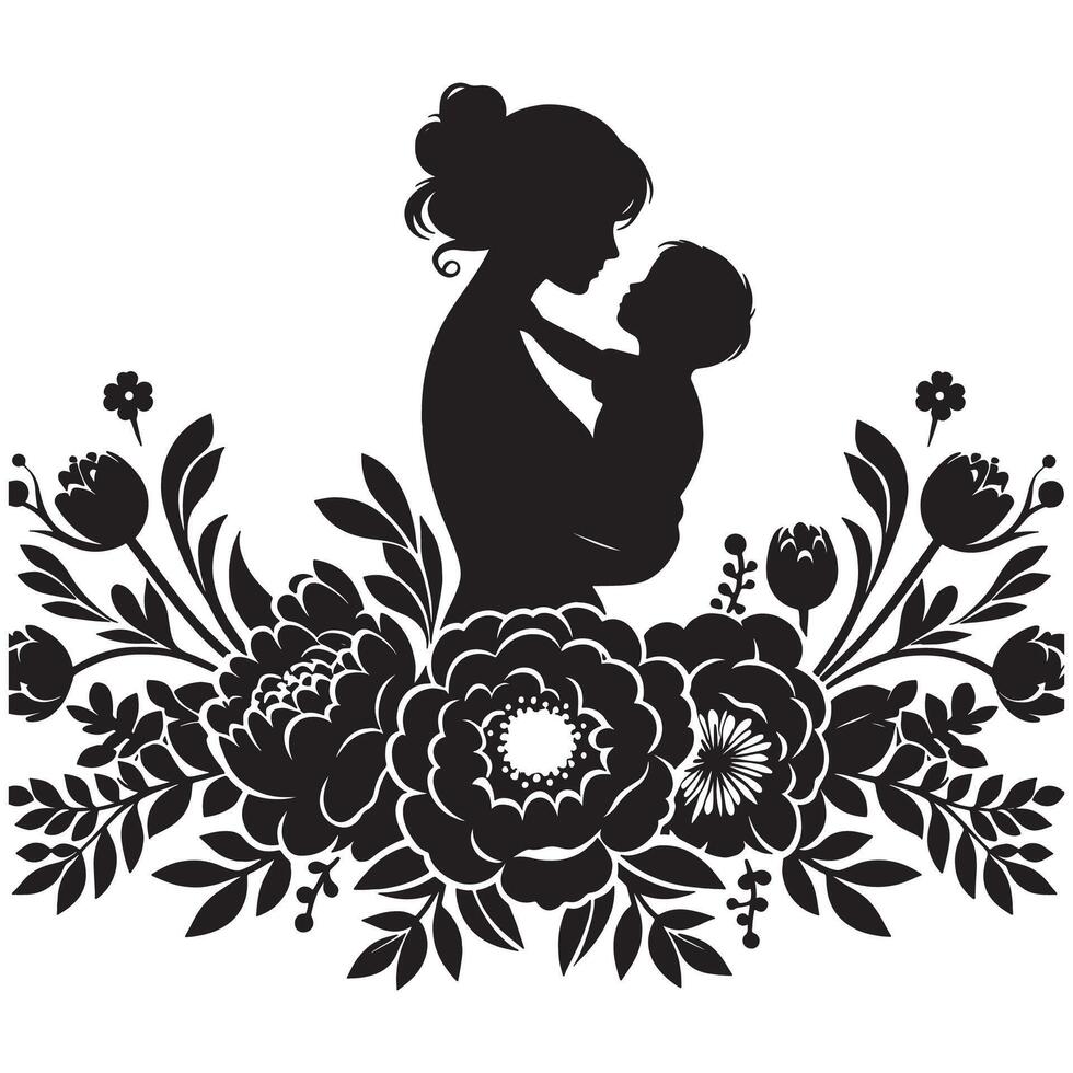 Graceful Mother and Child Silhouette with Ornate Floral Designs A Symbol of Love and Care, mothers day vector