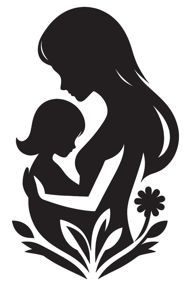 Mother and child silhouette art print for wall decor and mothers day gifts black and white illustration, mothers day vector