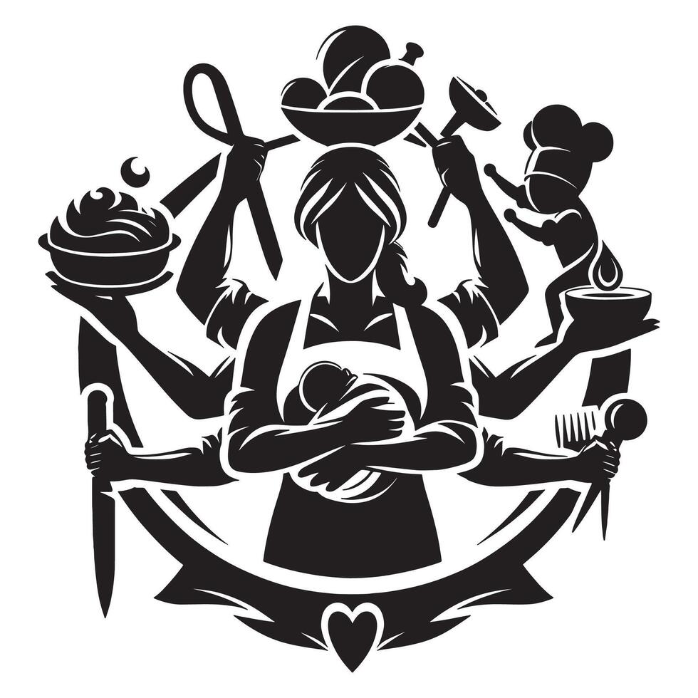 Multitasking mother chef illustration for blog or website with cooking and childcare elements design silhouette, mothers day vector