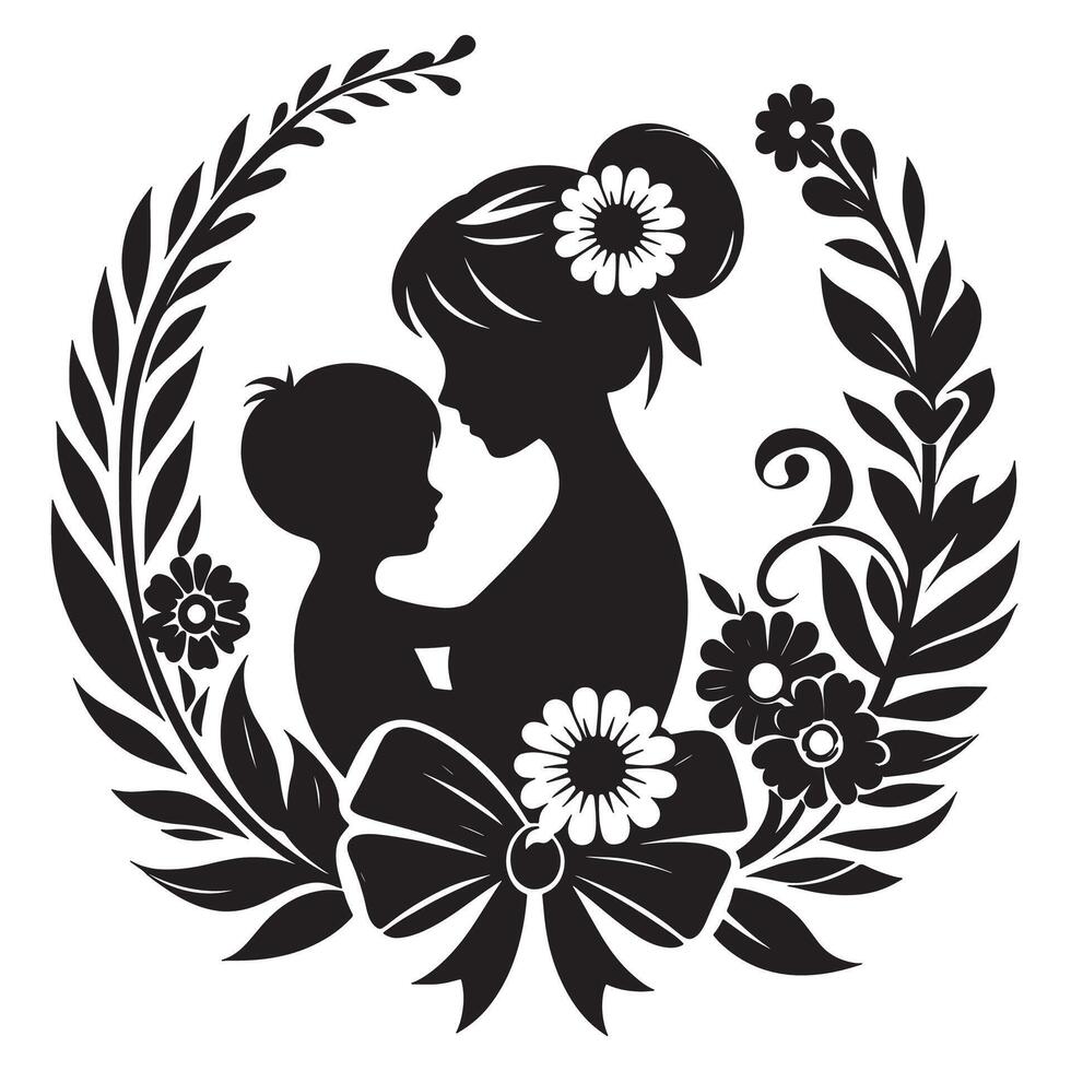 Mother and Child Silhouette Framed with Elegant Floral Designs A Symbol of Love and Connection, mothers day vector