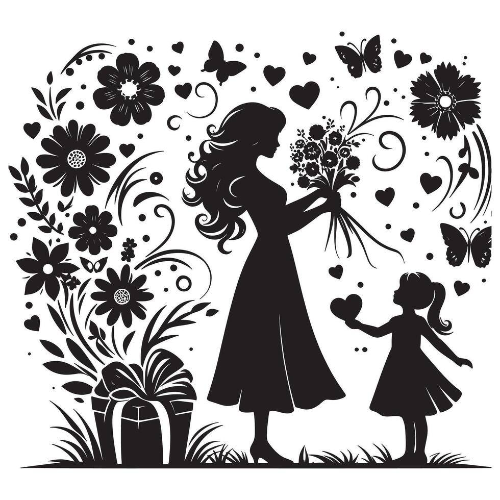 Mother and Daughter Silhouette with Flowers and Gift for Mothers Day vector
