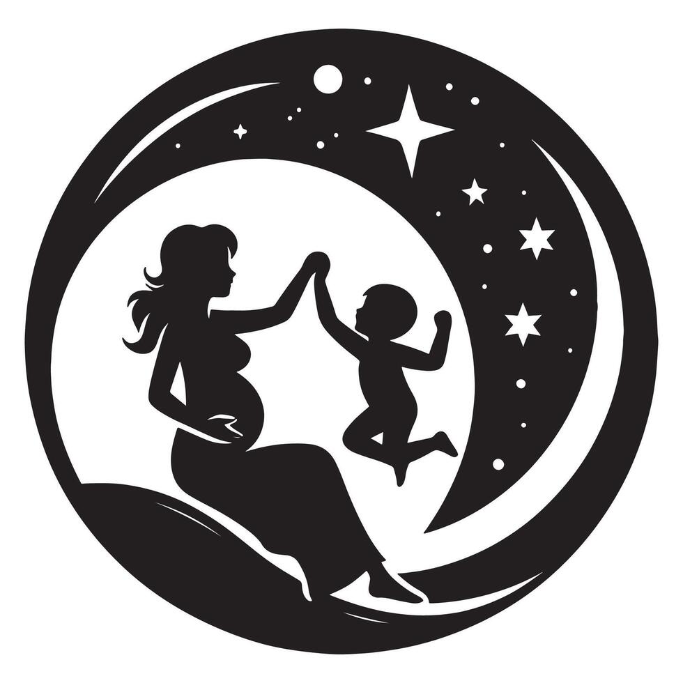 Pregnancy silhouette with child and moon illustration for family and motherhood designs, mothers day vector