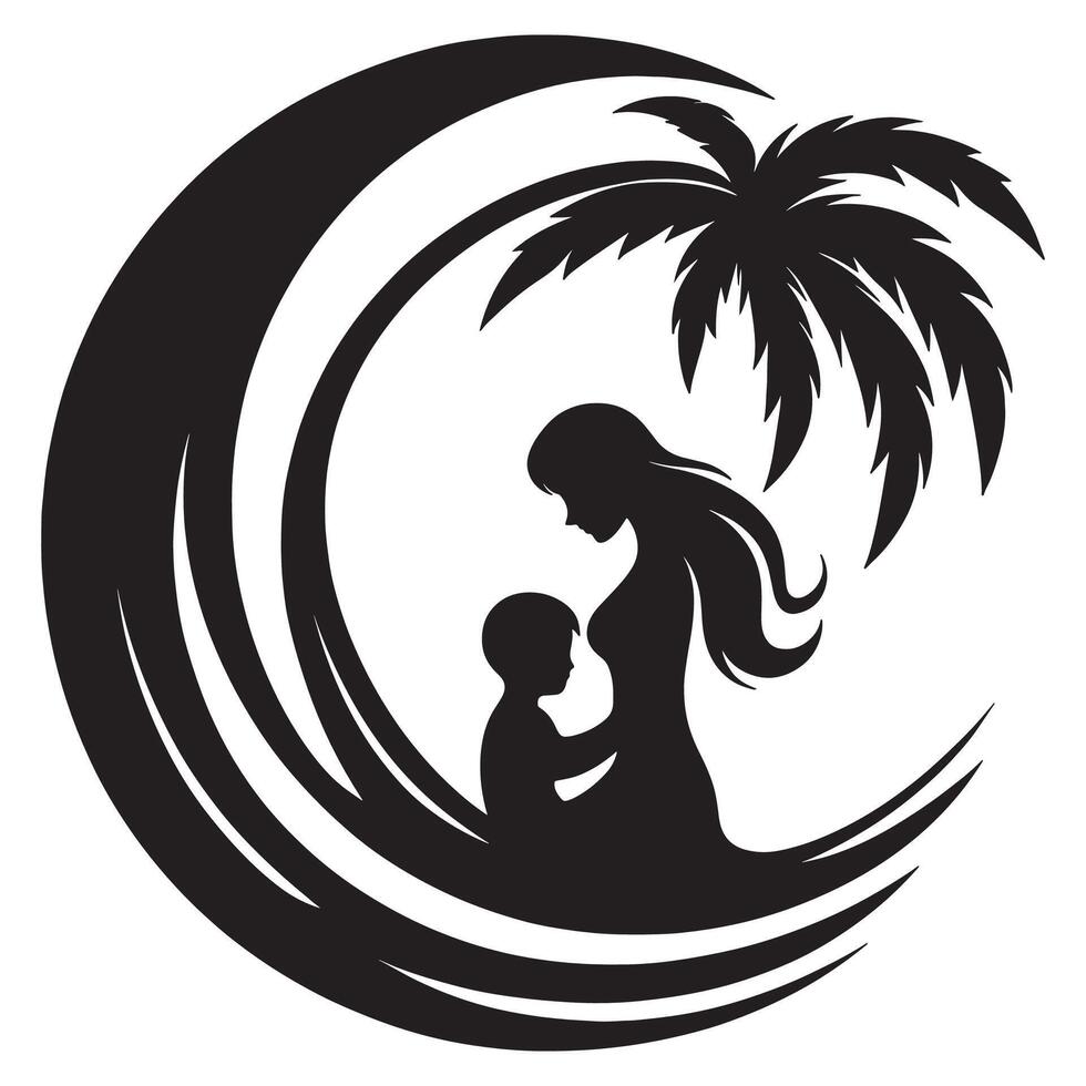 Mother and child silhouette art with palm tree design for family love and care concept art design, mothers day vector