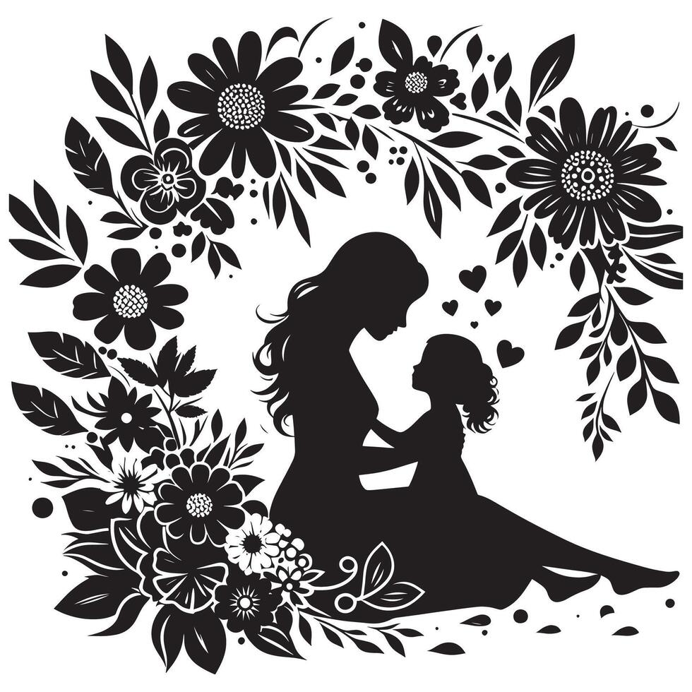 Heartwarming Silhouette of Mother and Child with Intricate Floral Design A Timeless Expression of Love and Connection, mothers day vector