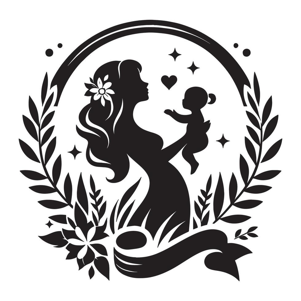 Mother and Child Silhouette with Floral Wreath A Symbol of Love and Family Bonding, mothers day vector
