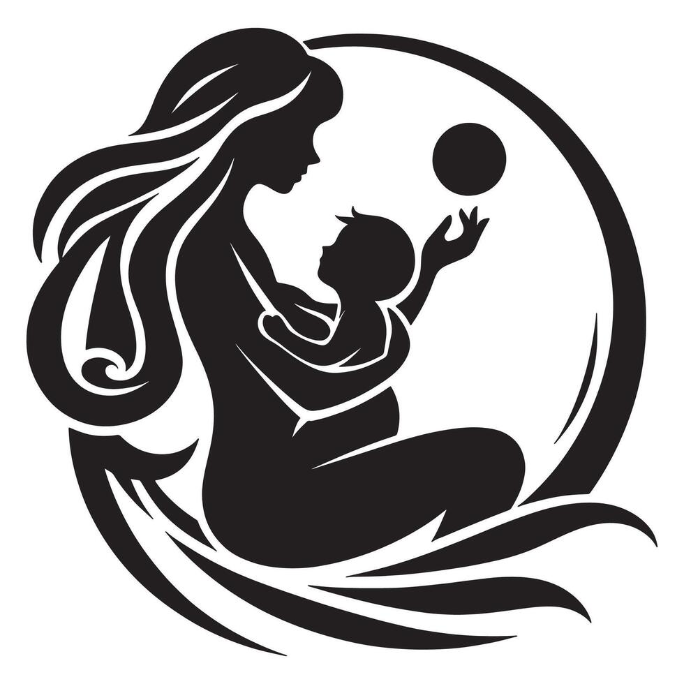 Motherhood and child design illustration for family love and care concept graphic art in black and white silhouette, mothers day vector