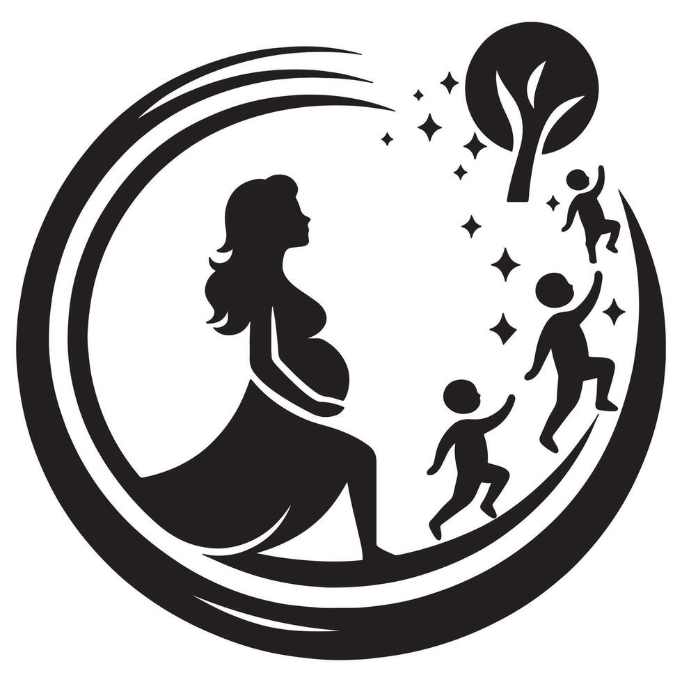Pregnancy motherhood family tree silhouette design for baby and children related business logo template, mothers day vector