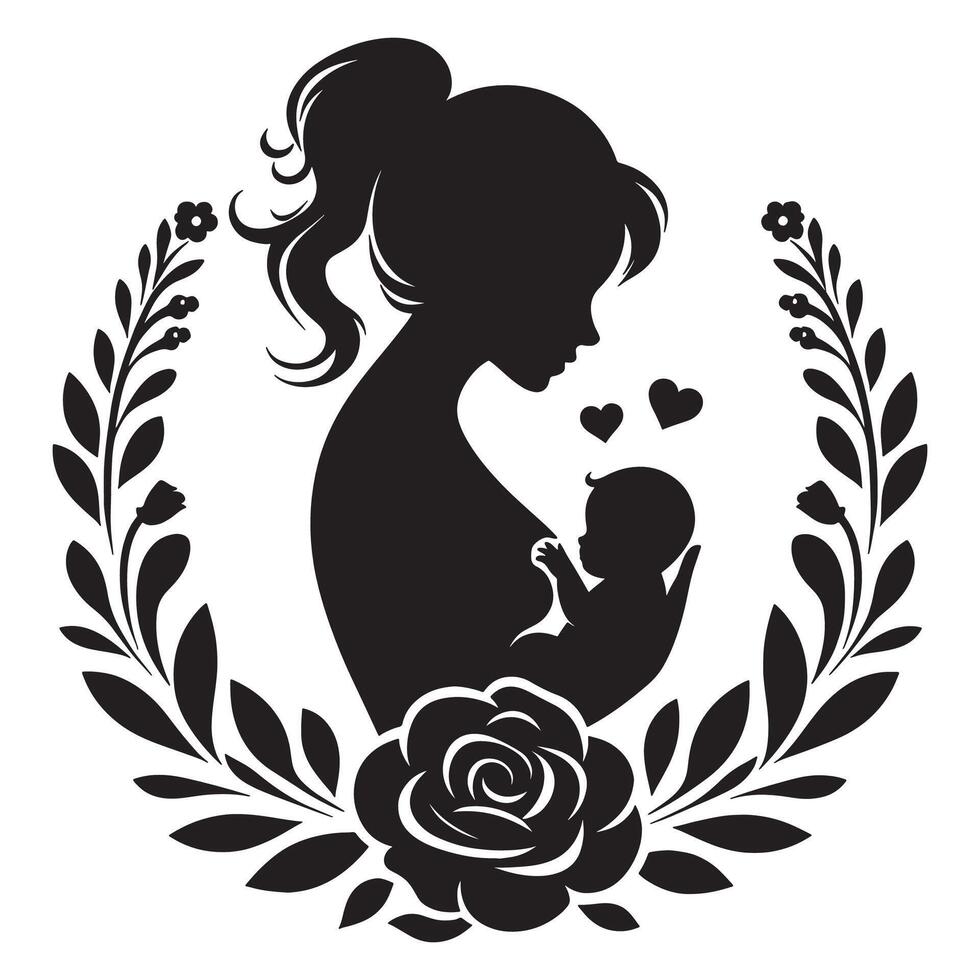 Mother and Child Silhouette with Floral Frame A Timeless Symbol of Love and Care, mothers day vector
