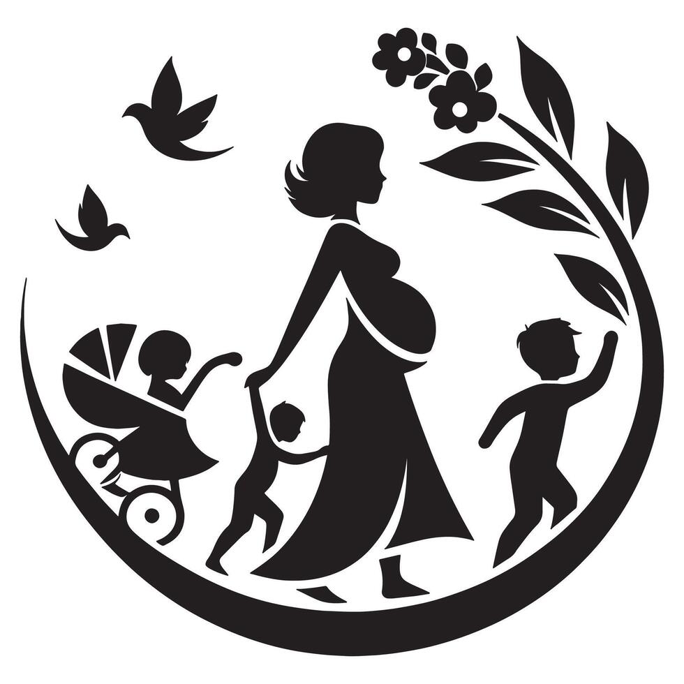 Pregnant woman with children silhouette illustration for family love and motherhood concept design, mothers day vector