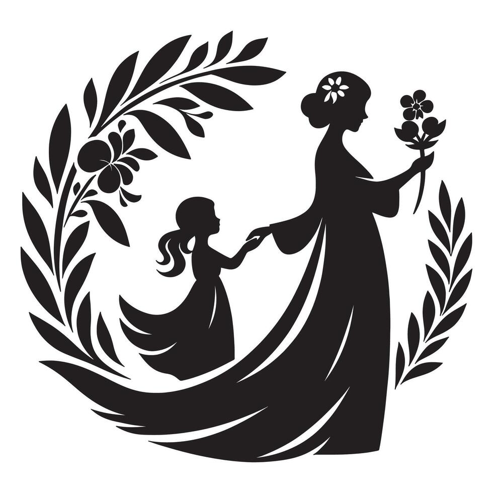 Mother and Child Silhouette with Floral Elements A Timeless Symbol of Love and Connection, mothers day vector