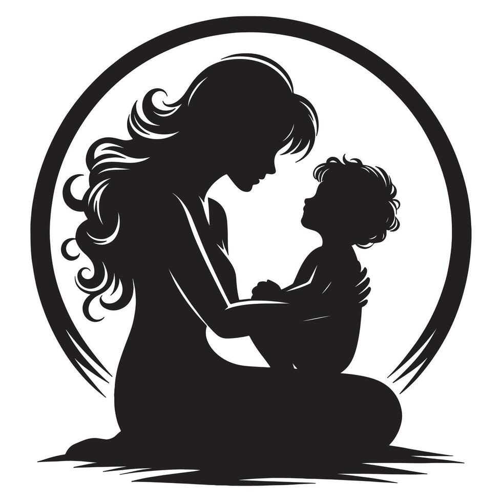 Heartwarming Silhouette of Mother and Child Embracing in Circular Frame, mothers day vector