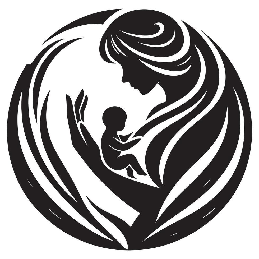 Motherhood love and care illustration for poster design with baby in arms black and white graphic silhouette, mothers day vector