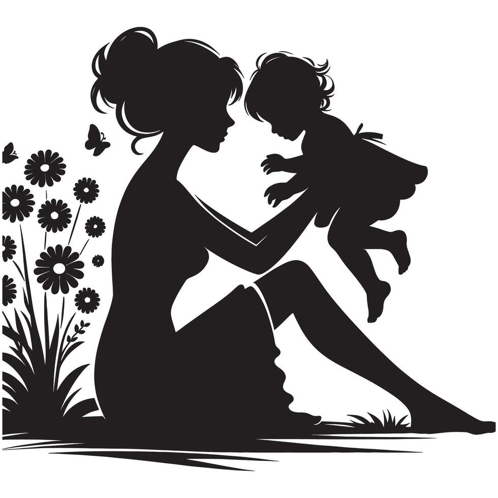Silhouette art of mother and child in garden with flowers and butterfly graphic design element art, mothers day vector