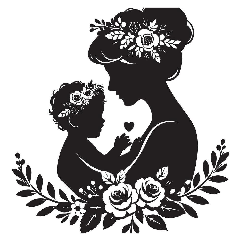 Silhouette of Mother and Child with Floral Accents - A Heartwarming Bond, mothers day vector