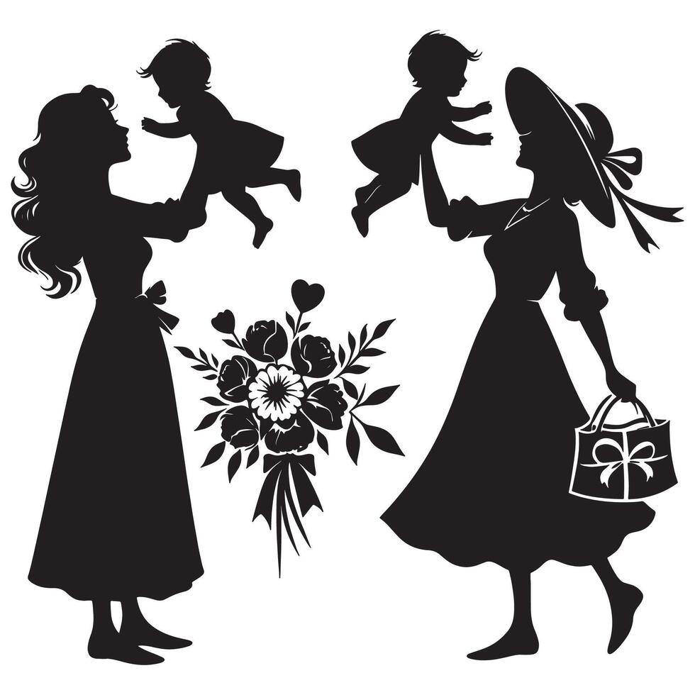 Elegant Silhouette of Mothers and Children with a Floral Bouquet A Timeless Celebration of Family Love, mothers day vector