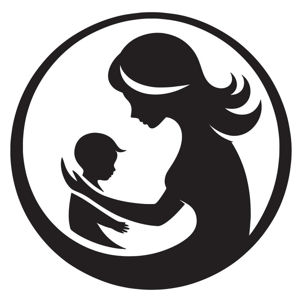 Mother and child silhouette illustration for motherhood love and family care design concept art symbol, mothers day vector