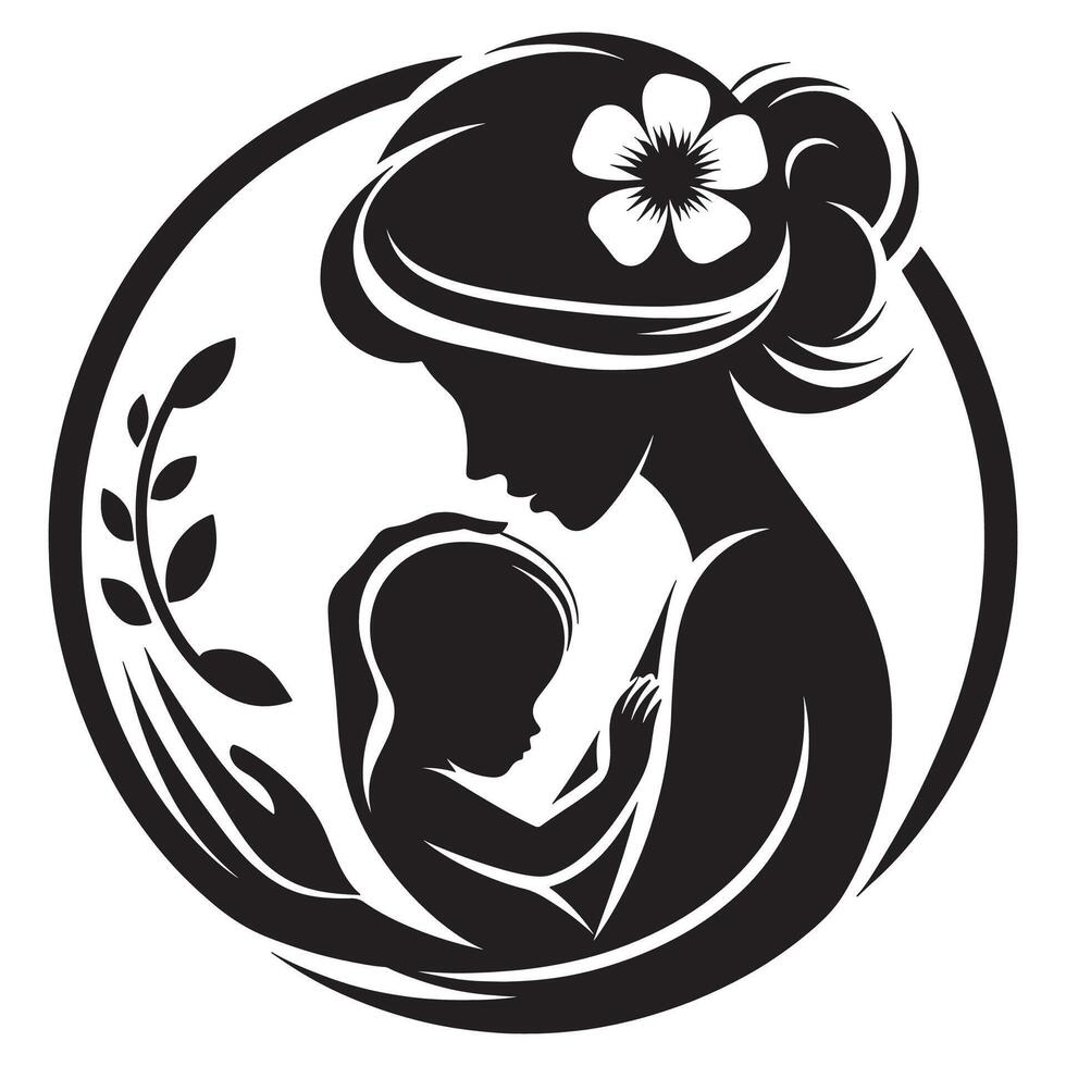 Mother and child silhouette design for motherhood love and care emblem or logo illustration concept, mothers day vector