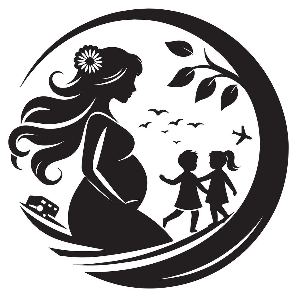 Family travel adventure pregnant woman with children silhouette graphic design illustration, mothers day vector
