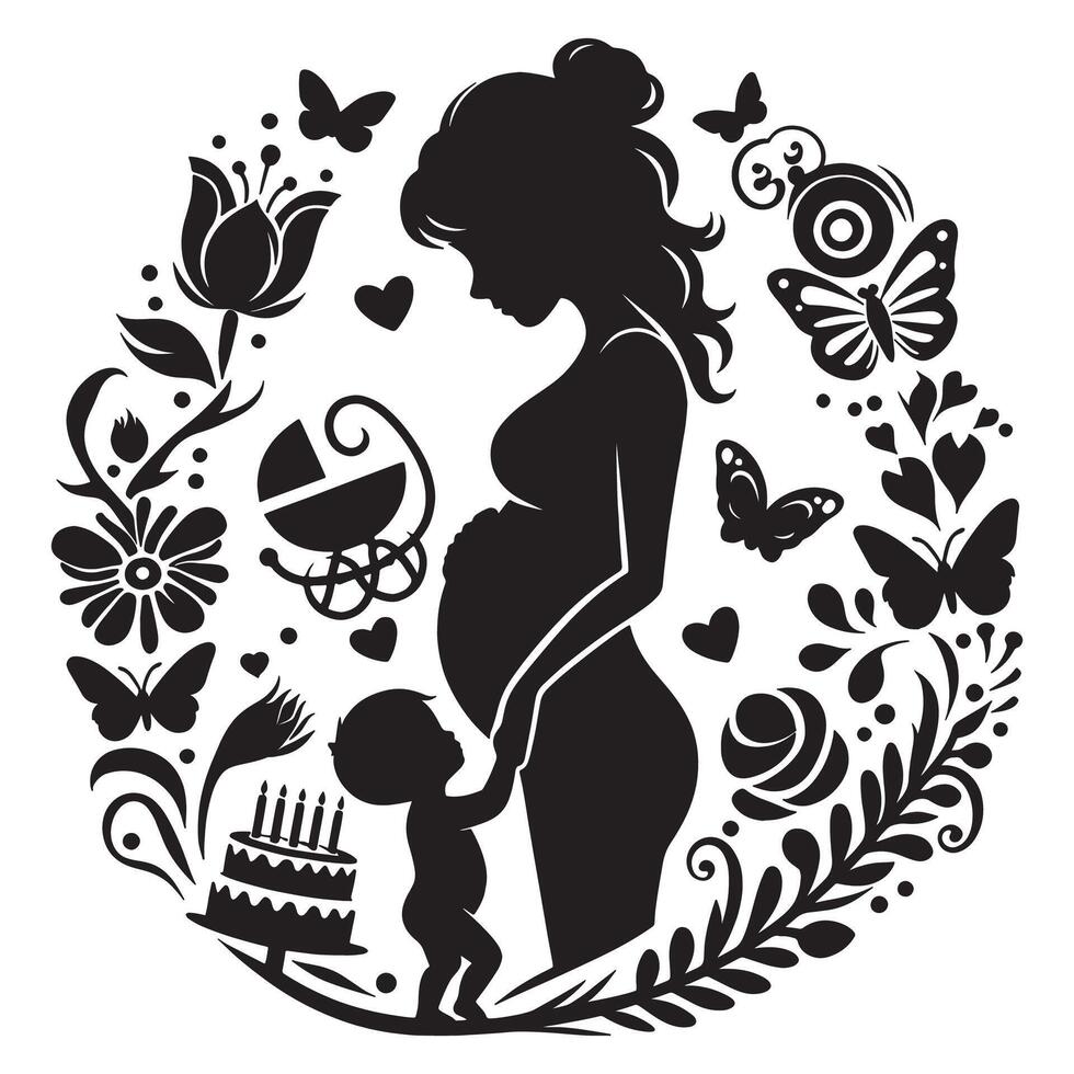 Celebrating Motherhood A Beautiful Silhouette of a Pregnant Woman and Child Surrounded by Nature, mothers day vector