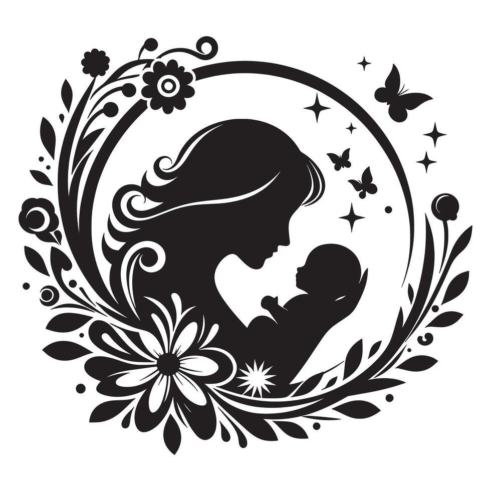 Mother and child silhouette illustration with floral elements for graphic design projects, mothers day vector