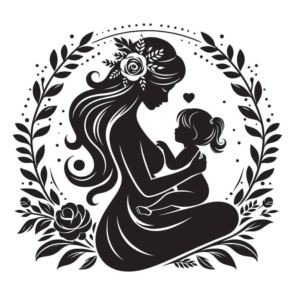 Mother and Child Silhouette with Floral Wreath A Heartfelt Expression of Maternal Love and Connection, mothers day vector