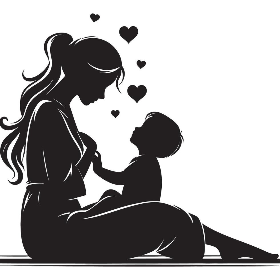 Mother and child silhouette with hearts illustration for love and family concepts design element, mothers day vector