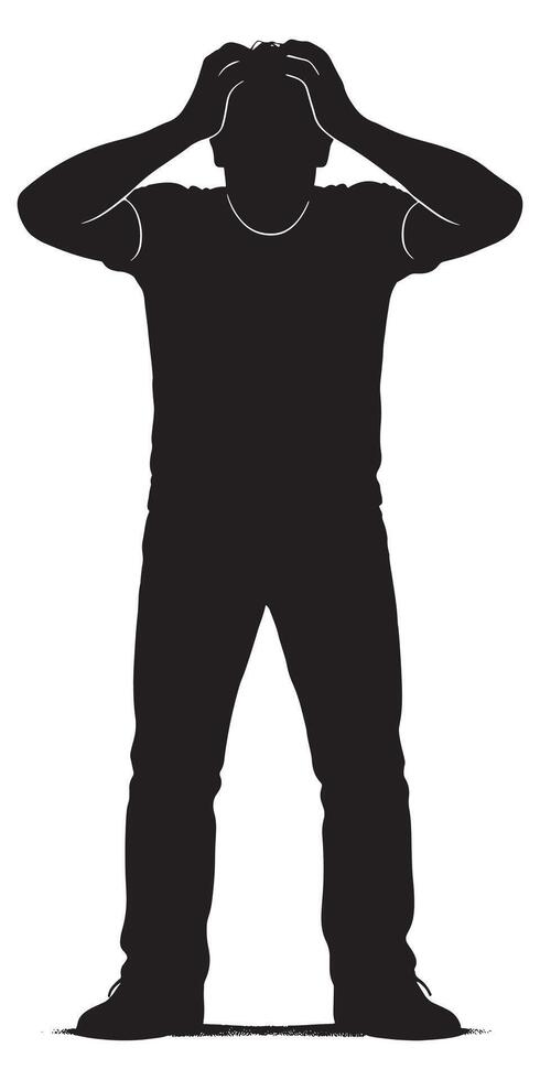 Silhouette of stressed man with hands on head in despair and anxiety for mental health concept art vector