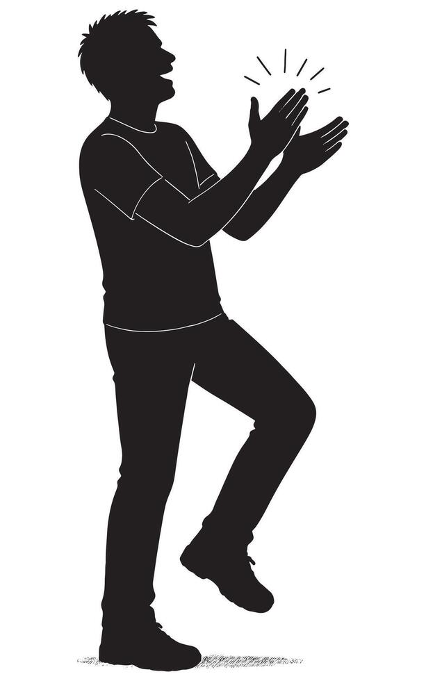 Silhouette of man clapping hands, celebrating success, achievement, and joy, isolated on white background vector