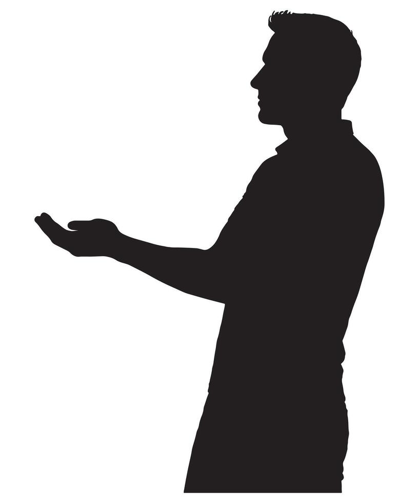 Silhouette of man offering hand gesture presenting offering holding something or showing product isolated on white vector