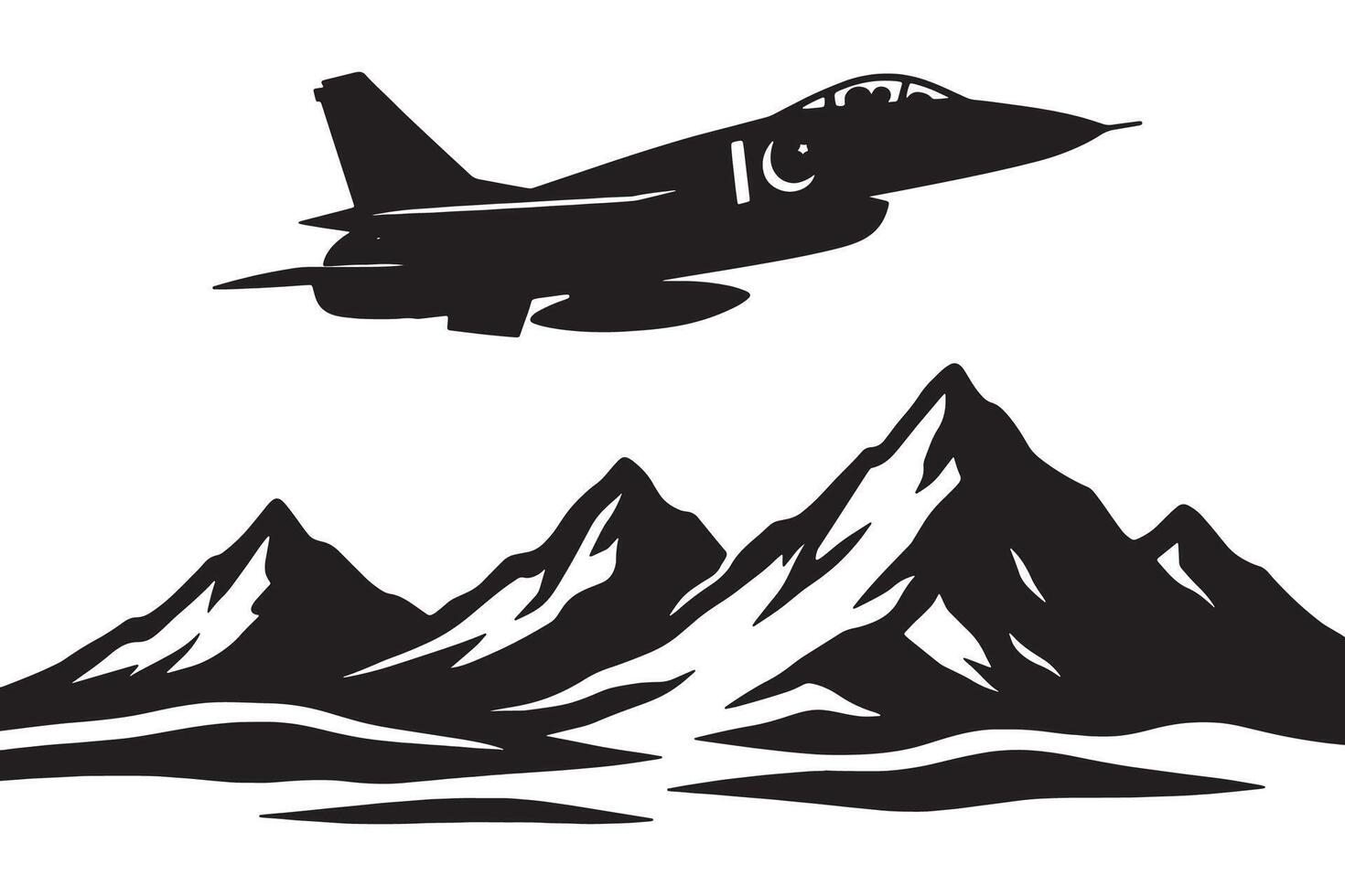 Jet fighter flying over mountain range black and white military aircraft illustration design concept silhouette vector